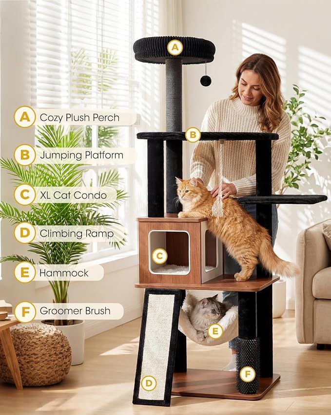 61" Modern Cat Tree, Tall Cat Tower with Self-Grooming Brush | Removable Washable Cushion, Pyramid Anti-Tip Base, Cat Furniture, Cozy Cat Condo, Sisal Scratching Post, Multi-Cat Household