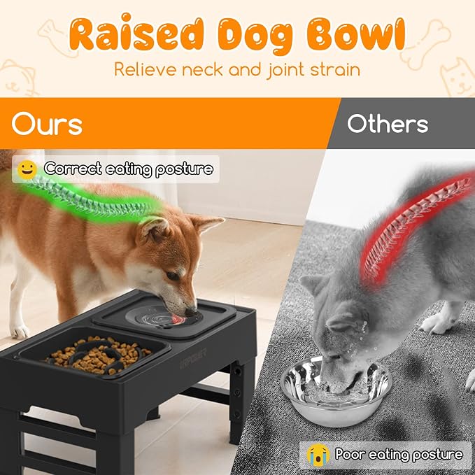 URPOWER 2-in-1 Elevated Slow Feeder Dog Bowls with No-Spill Water Bowl | 4 Height-Adjustable Raised Dog Bowls, Non-Slip Food and Water Bowls with Stand for Small, Medium, Large Dogs, Cats and Pets
