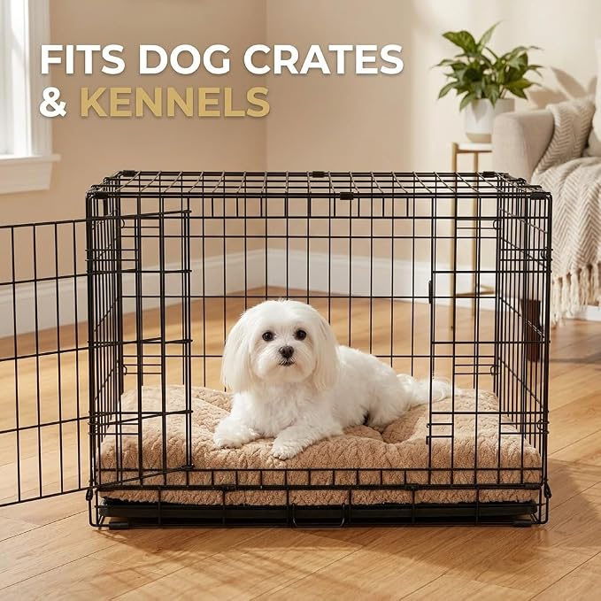 18 Inch Dog Crate Bed for Small Dogs and Puppies,Washable Puppy Crate Pad for Dog Cages,Soft Jacquard Flannel Kennel Mat with Anti-Slip Bottom,Fluffy Dog Bed for Toy Breeds,Khaki