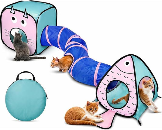 Rypet Cat Toy Tunnel and Cubes Bundle - Interactive Crinkle Collapsible Cat Tube and Foldable Cubes Playground for Kitty, Rabbit, Puppy, Ferret Hiding Hunting and Resting