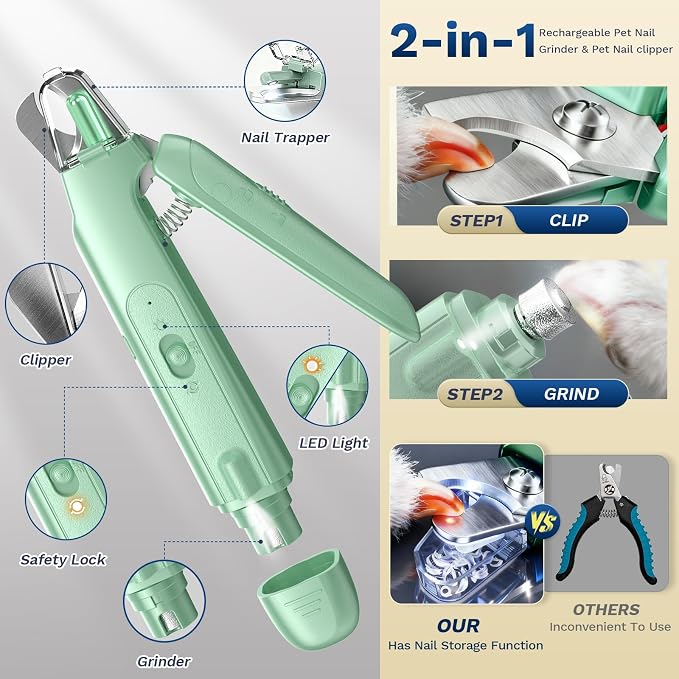 2-in-1 Dog & Cat Nail Clipper with Grinder, LED Light Rechargeable Grooming | Catpick care Type-c Cordless Nail Cutter, Safety Lock & Catcher, Stainless Blade Trimmer for Small Medium Large Pets, Green