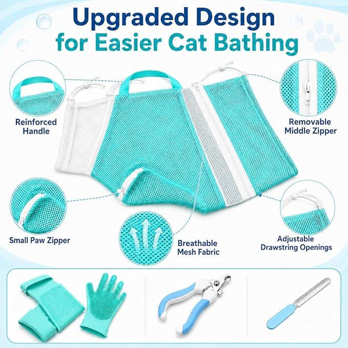 Cat Bathing Set with Pet Grooming Gloves for Cat Grooming, Upgraded Breathable Cat Bag for Bath with Openable Zipper and Reinforced Handle, Cat Washing Set with Nail Clipper File (Green)
