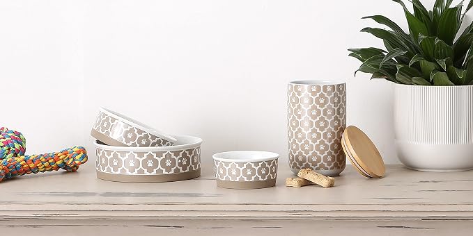 Bone Dry Lattice Collection Pet Bowl & Canister, Treat Canister, 4x6.5 inches, Stone