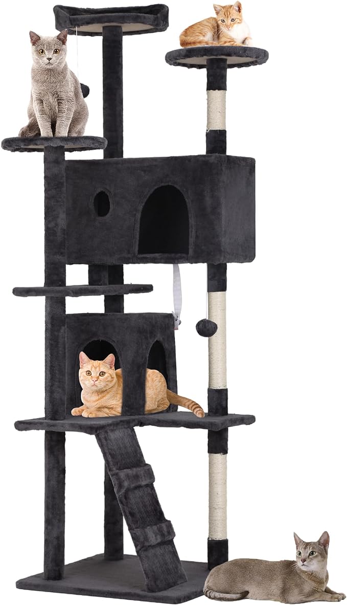 BestPet | 70" Cat Tree Tower | Dark Gray | Sturdy Multi-Level Cat Tree | with Plush Condo, Cozy Perch, Sisal Scratching Posts, Hanging Toy and Hammock | Easy Assembly | for Kittens & Adult Cats