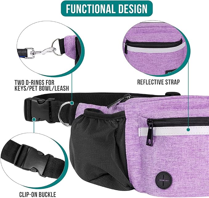 PetAmi Dog Fanny Pack, Treat Pouch for Dog Walking Training, Purple | Built in Poop Bag Dispenser, Water Bottle Holder, Collapsible Bowl, Pet Treat Waist Belt for Hiking Running Kibbles