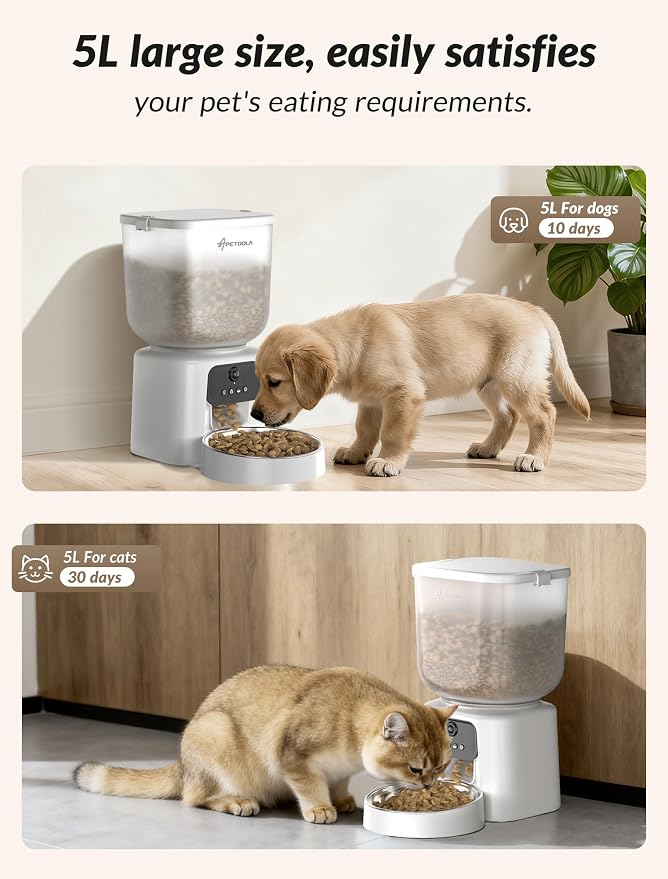 Automatic Cat Feeder with Camera, 5L Timed Cat Food Feeder,2-Way Audio & App Remote Control,Desiccant Bag,Auto Pet Dispenser for Cats and Dogs