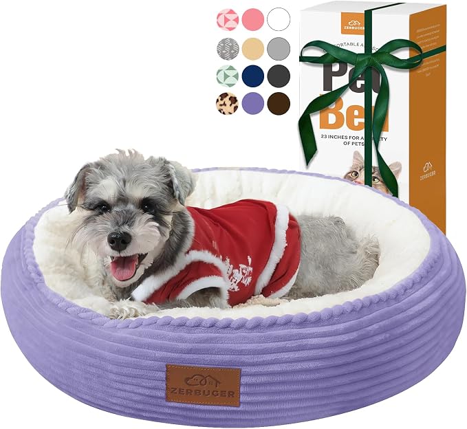 Zerbuger 23in Violet Round Cat Dog Bed Gift for Large Medium Small Dogs Cats, Machine Washable Sleeping Sofa, Non-Slip Bottom Breathable Soft Calming Pet Cuddler for Indoor/Outdoor/Car/Cage