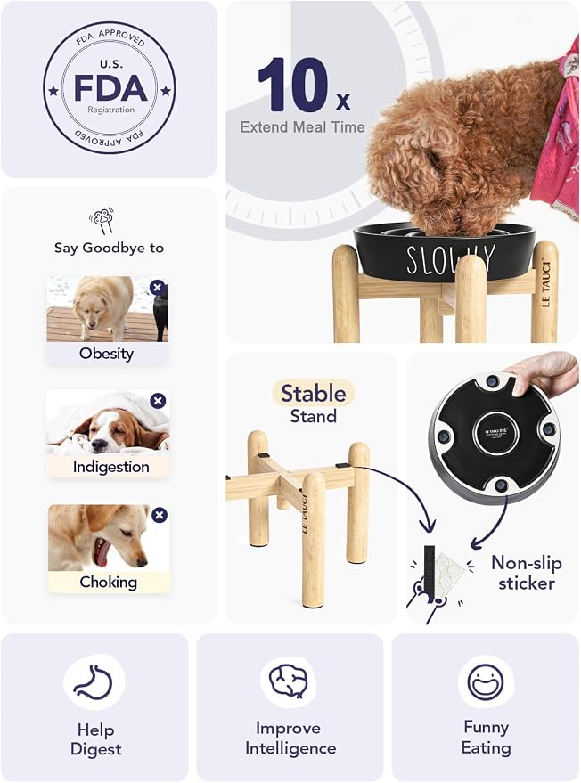 LE TAUCI PET Ceramic Slow Feeder Bowl Elevated - 1.5 Cup with Wood Stand for Small & Medium Breed, Anti-Gulping, Black