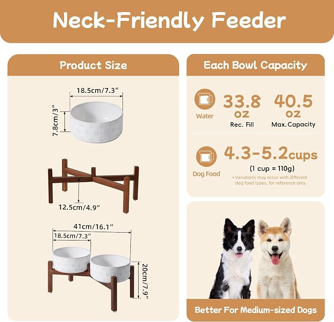 Havniva 7.3" Elevated Dog Bowls Ceramic Raised Dog Bowl with Non-Slip Stand (Acacia Wood) Weighted Dog Food & Water Bowl for Medium Breed Dogs - 5 Cups 41 oz
