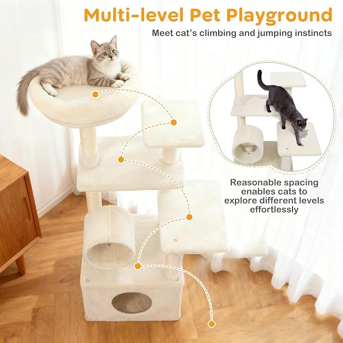 Multi-Level Cat Tree Tower, 48 Inches Tall with Sisal Scratching Posts, Condo, Tunnel with Dangling Ball Inside, Padded Top Perch, Multiple Jumping Platforms, Ideal for Indoor Cats (Beige)
