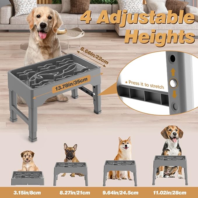 9 Cups Elevated Slow Feeder Dog Bowls 4 Adjustable Heights, Grey | Raised Dog Slow Feeder Bowls, Dog Food Bowl Stand, Non Slip Anti Gulping Slow Eating Dog Bowl for Medium & Large Dogs