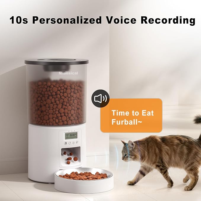 Automated Cat Feeder,Clear 4.2L Dry Food Dispenser with Single Bowl,Programmable Timed Pet Feeder for Up to 6 Daily Meals,10-Second Voice Message & Dual Power Backup (White, 4.2L Press Version)