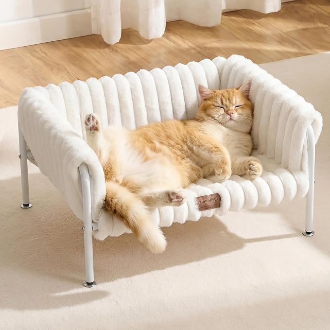 FUKUMARU Elevated Cat Couch Beds for Indoor Cats, Sturdy Metal Frame Cat Hammock Bed with High-Density Foam Cushion, Removable Washable Fluffy Cover, Breathable Raised Dog Bed & Cat Sofa Chair, Cream