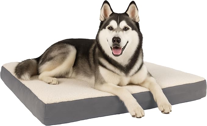 Orthopedic Dog Bed - 2-Layer 44x35-Inch Memory Foam Pet Mattress with Machine-Washable Sherpa Cover for Large Dogs up to 100lbs by PETMAKER (Gray)