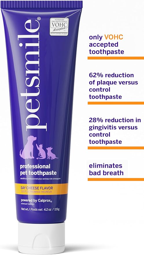 Petsmile Professional Pet Teeth Brushing Kit for Cats & Dogs - VOHC Accepted Toothpaste & Patented Toothbrush - Proven to Control Plaque & Tartar Calprox Formula (Say Cheese, 4.2 Oz)