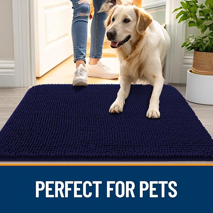 OLANLY Dog Door Mat for Muddy Paws 47x32, Super Absorbent Chenille Mud Mat | Navy Blue, Absorbs Moisture and Dirt, Non-Slip Machine Washable Doormat, Quick-Drying Indoor Entryway Floor Carpet for Dogs