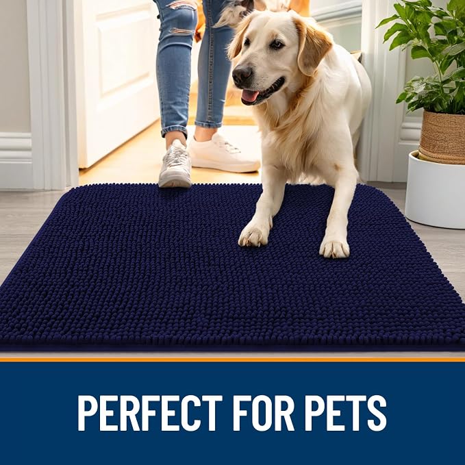 OLANLY Dog Door Mat for Muddy Paws 44x32, Super Absorbent Chenille Mud Mat | Navy Blue, Absorbs Moisture and Dirt, Non-Slip Machine Washable Doormat, Quick-Drying Indoor Entryway Floor Carpet for Dogs