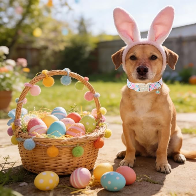 ARING PET Easter Dog Collar, Cute Colorful Plaid Stripe Girl Doggy Collars with Quick Release Buckle for Puppy Small Medium Large Dogs-L