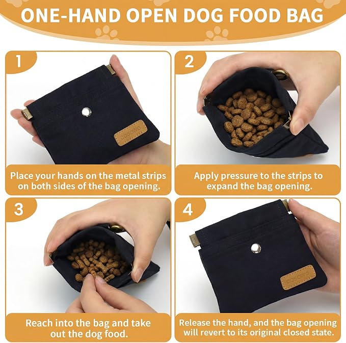 Dog Treat Pouch for Pet Training, Carabiner & Magnetic Buckle, Black | Hand Free Dog Training Treat Bag, Auto Closing Dog Walking Bag for Puppy Travel or Outdoor Use, Pet Feed Snack Reward Pocket