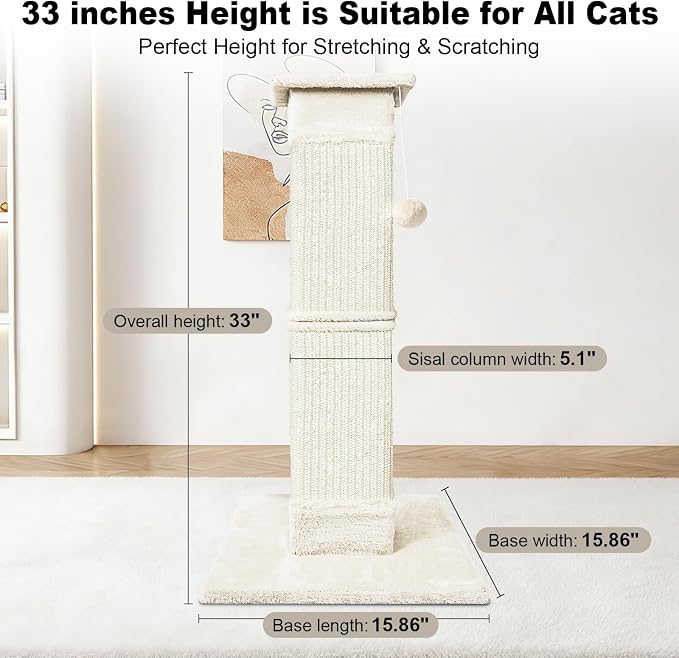 Cat Scratching Post 33 inch for Indoor Cats, Sisal Cat Scratcher, Vertical Posts with Dangling Ball, High Cat Scratch Post, Cat Tree for Full-Body Stretching, Protect Your Furniture, Beige White