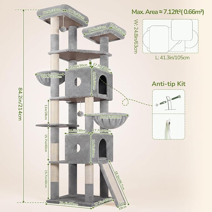 Globlazer 84in Extra Tall Cat Tree Tower for Indoor Large Cats 20lbs, F84G | Multi-Level Big Climbing Tower, 7 Scratching Post & Board, Cat Condos with Pad, 2 Soft Perches, 2 Sturdy Baskets, Light Grey