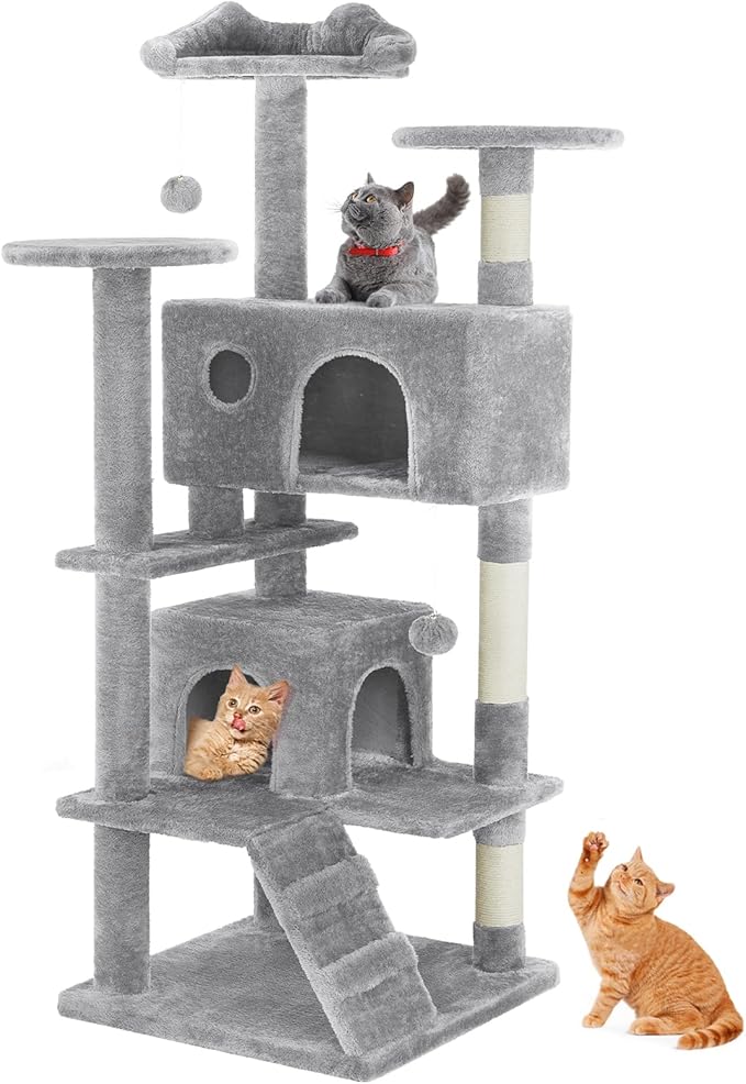 Sweetcrispy 54-inch Cat Tree Tower with Scratching Posts, Indoor Use | Multi-Level Indoor Cat Tree Condo with Climbing Ladder, Plush Toy, Play House for Kitten, Light Grey