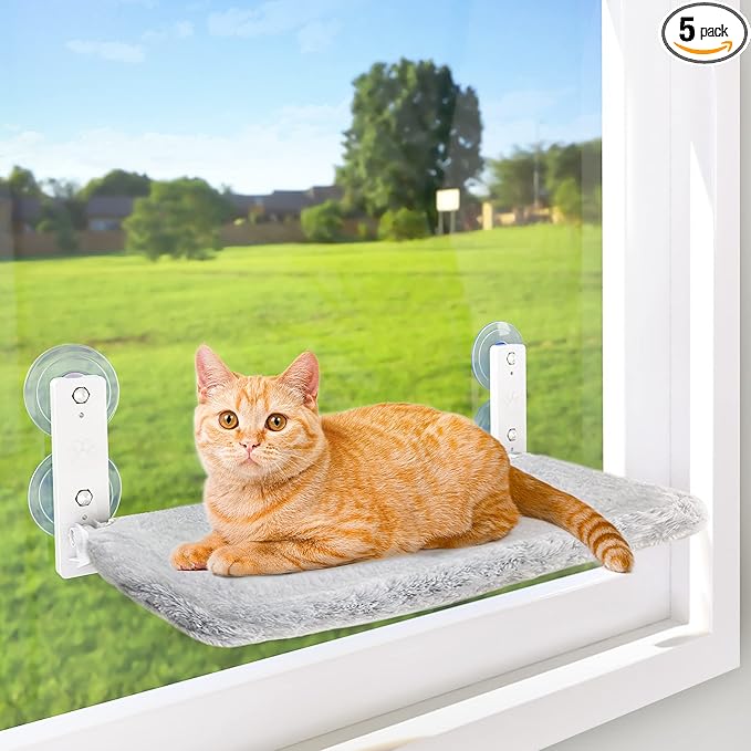 AMOSIJOY Cordless Cat Window Perch, Cat Hammock for Wall with 4 Suction Cups, Solid Metal Frame and Reversible Cover, Foldable Cat Beds for Indoor Cats