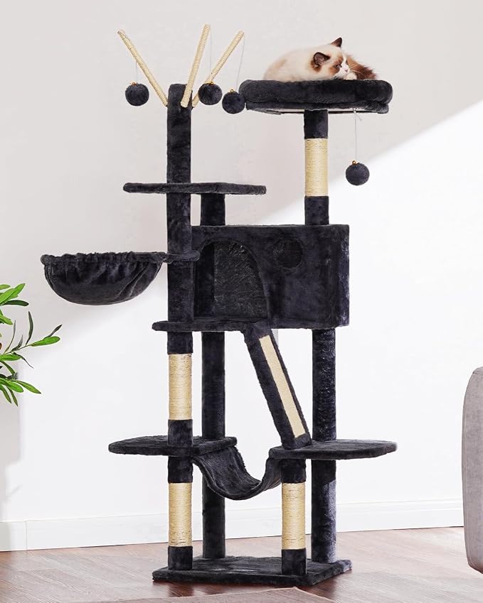 Hey-brother Cat Tree Tower with Padded Platform Bed, Hammock, MPJ019-SG | 53 Inches Cat House with Large Cozy Condo, Toy Balls and Sisal Scratching Posts for Indoor Multi-Cats, Smoky Gray