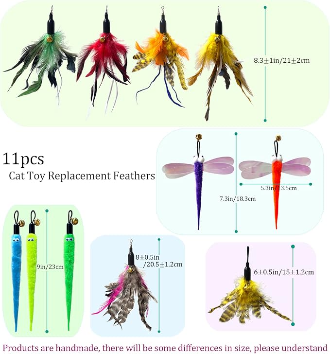 AcceLeah 11Pcs Cat Wand Refills, Feather Dragonfly & Worm Attachments