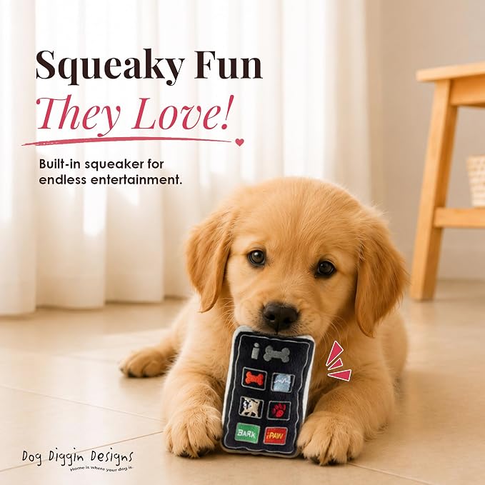Dog Diggin Designs iBone Plush Dog Toy Bone | Luxury-Inspired Parody Tech-Style Bone with Squeaker, Soft Plush Chew & Play Dog Toy – Modern Fashion Accessories