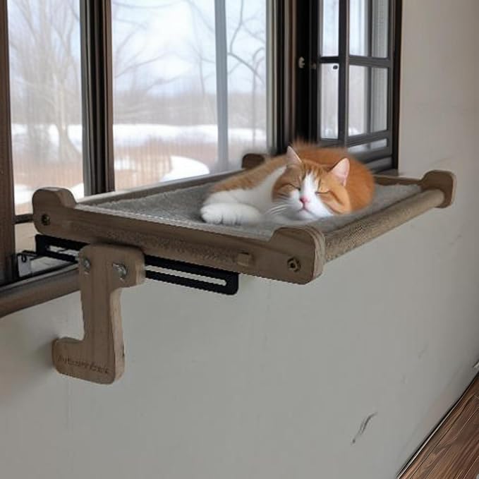 No Suction Cup Cat Window Perch, Adjustable 40lbs Heavy Duty Cat Hammock, Sturdy No-Drill Window Seat for Large Cats, Wood & Metal Frame Bed for Sills with Tracks