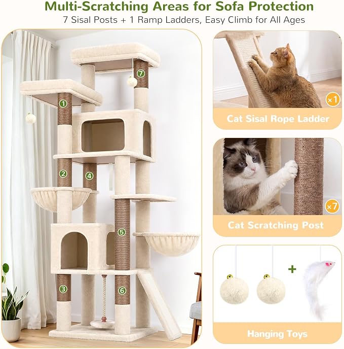 Globlazer 75in Tall Cat Tree Tower for Indoor Cats, F75B, Light Grey | Large Cat Tree for Indoor Cats Large Adult, Multi-Level Cat Tower with 7 Scratching Posts, 2 Cat Condos, 2 Top Perches