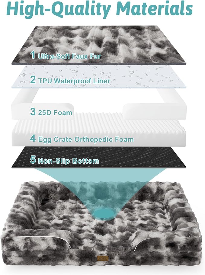 COZY KISS Orthopedic Dog Bed for Extra Large Dog, Soft and Warm Faux Fur Sofa for Giant Pet Up to 150 lbs, Foam Bolster Anti-Slip Couch with Washable Removable Cover, XXL 48x35x8 inch, Tie Dye Grey
