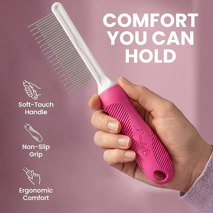 Poodle Pet Detangling Pet Comb with Long & Short Stainless Steel Teeth for Removing Matted Fur, Knots & Tangles – Detangler Tool Accessories for Safe & Gentle DIY Dog & Cat Grooming (Pink)