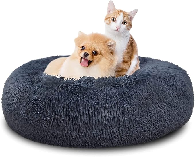 SAVFOX 30 inches Calming Donut Dog Bed - 3X Durable Plush Faux Fur, Machine Washable & Non-Slip, Fits up to 45 lbs, Dark Grey