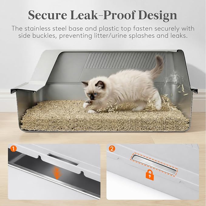 Lifewit Small Stainless Steel Cat Litter Box, Metal Kitty Litter Tray with Non-Slip Pads, Anti-Leakage Top Entry and High Sided, Grey