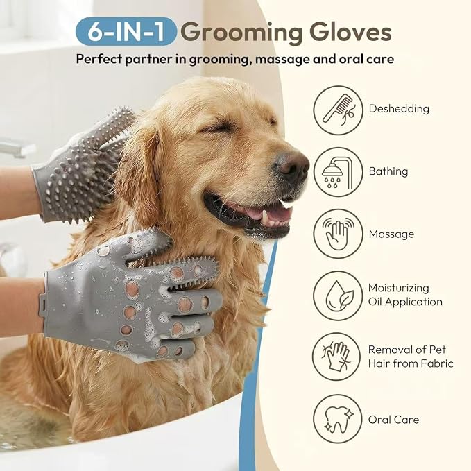 Pet Grooming Gloves for Cats & Dogs, Silicone Pet Hair Removal Glove for Bathing, Shedding & Massage, Gentle Cat & Dog Grooming Glove for Long & Short Hair Pets（Grey-Medium）