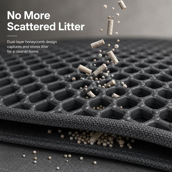 Cat Litter Box Mat,Double-Layer Honeycomb Litter Trap 30"x22" Blakc | Catches Scattered Particles to Stop Tracking,Waterproof Design Urineproof Base Protects Floors, Easy to Clean, Indoor Cats