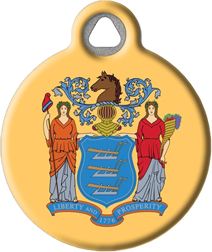 New Jersey Flag Personalized Pet ID Tag for Dogs and Cats, Silent Polymer Coated Stainless Steel New Jerseyan Nametag with Customized Identification Information - Small .875" Diameter