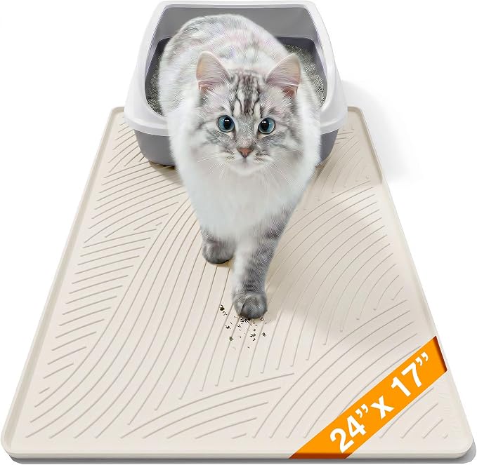 Cat Litter Box Mat - SM Small Medium Size 24 x 17 in, Water Proof, Kitty Litter Trapping Mat, Easy to Clean, Scatter Control, Odorless, Pet Supplies for Indoor Cats, Warm Beige
