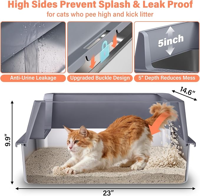Stainless Steel Cat Litter Box with Lid, XL Metal Litter Box, Extra Large Litterbox for Big Cats, High Sided | Easy Cleaning | Odor-Free Includes Scoop and Mat