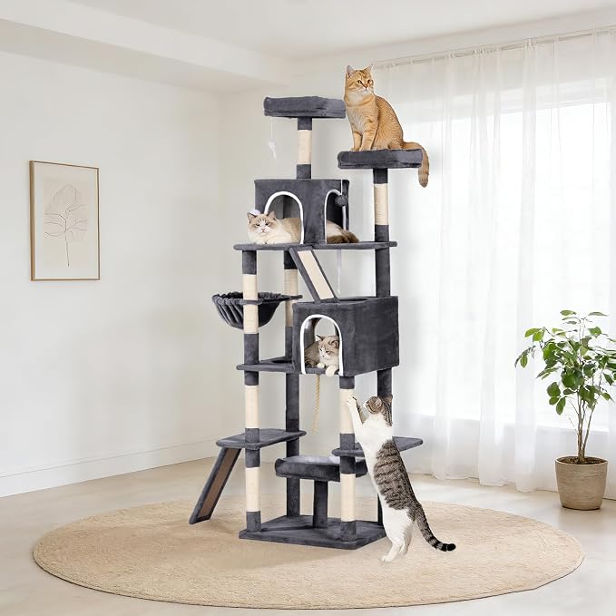 89 inch Cat Tree Tower - Extra Tall Multi-Level Cat Furniture with 2 Cozy Condos, Natural Sisal Scratching Posts, Plush Perches and Hammock for Large Indoor Cats (Dark Gray)