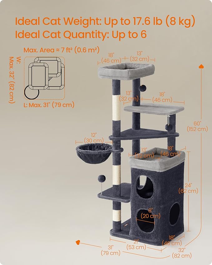 Feandrea Cat Tree Indoor, 60" Multiple-Level Plush Cat Tower, Dark Gray | 2 Caves, 3 Steps, 3 Scratching Posts, 3 Ball Toys, Cat Condo House for Large Adult Cats, UPCT007G02
