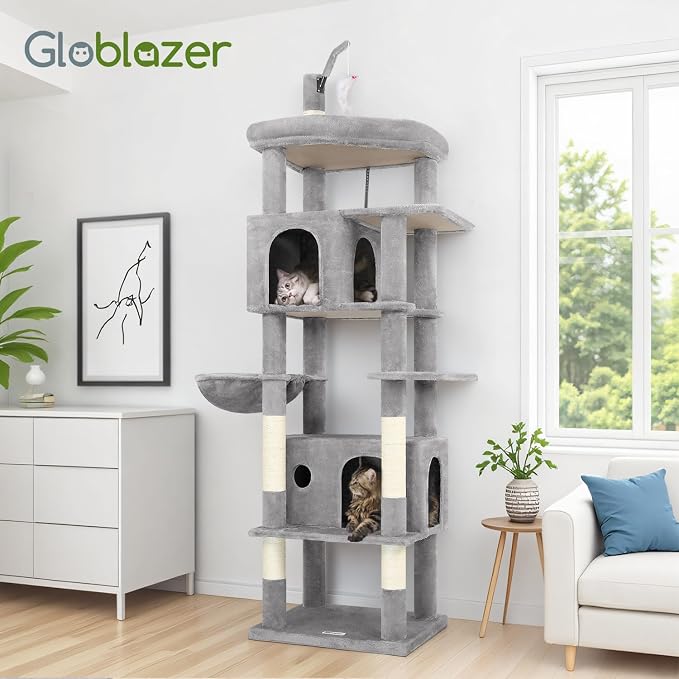 Globlazer F74B Cat Tree for Indoor Cats Large Adult, Multi-Cat, Light Grey | Easy Setup, 74in Tall Tower, Oversized Top Perch, 2 Large Condos, Hanging Basket, 5 Sisal Scratching Posts, Anti-Topple Strap