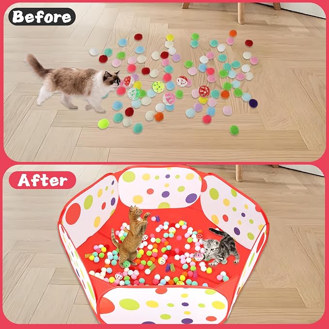 Cat Ball Pit Include 200 Pom Pom Balls 10 Jingle Balls and 12 PCS Cat Spring Toy for Indoor Bored Self Play Enrichment Toy for Indoor Cats Interactive Fun and Exercise