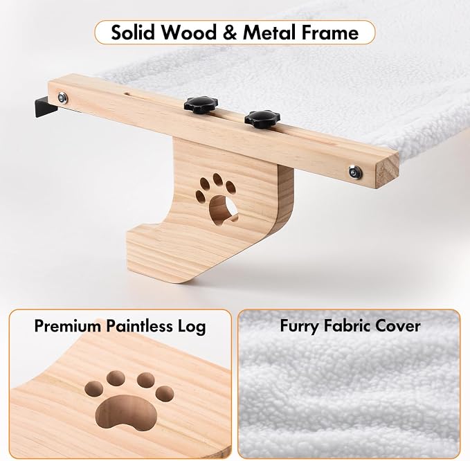 AMOSIJOY Cat Windowsill Perch with Wood & Metal Frame for Large Cat, 21.7in | Solid Wood Frame, Easy to Adjust, Washable Berber Fleece Cover, No Suction Cups Cat Window Seat for Windowsill, Bedside