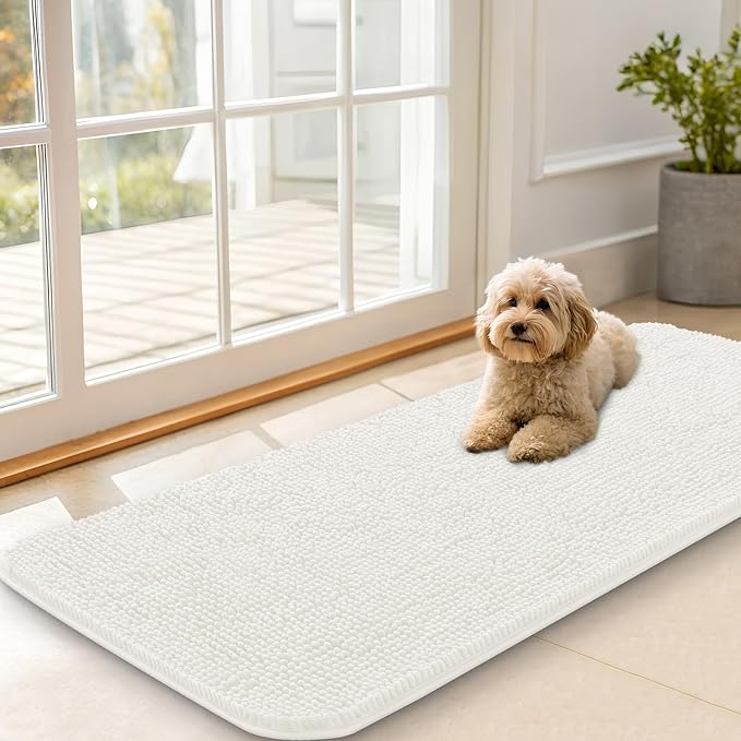 OLANLY Dog Door Mat for Muddy Paws 47x20, Super Absorbent Chenille Mud Mat | Ivory, Absorbs Moisture and Dirt, Non-Slip Machine Washable Doormat, Quick-Drying Indoor Entryway Floor Carpet for Dogs