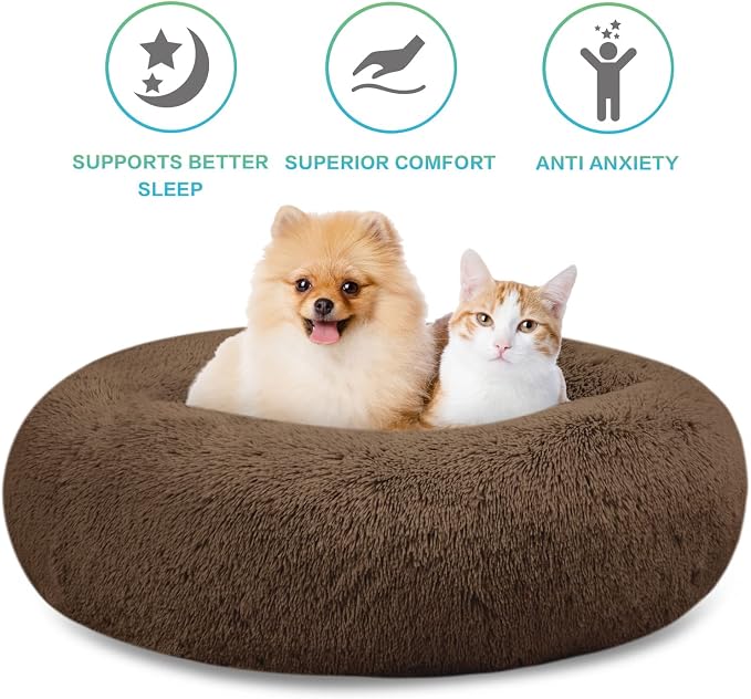 SAVFOX 36 inches Calming Donut Dog Bed - 3X Durable Plush Faux Fur, Machine Washable & Non-Slip, Fits up to 100 lbs, Brown