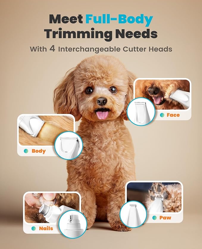 oneisall Quiet 4-in-1 Dog Grooming Kit with LED Light | Storage Bag, Clippers & Nail Grinder, Cordless, 3.7 hrs Runtime, LED Display, Safe for Paw, Nail, Face, Ears, Legs, Body