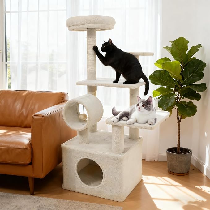 Multi-Level Cat Tree Tower, 48 Inches Tall with Sisal Scratching Posts, Condo, Tunnel with Dangling Ball Inside, Padded Top Perch, Multiple Jumping Platforms, Ideal for Indoor Cats (Beige)